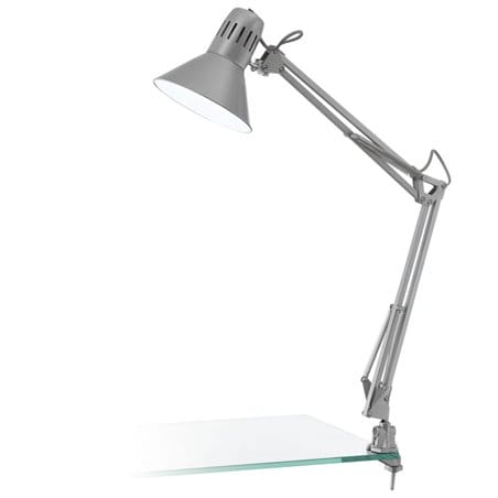 Lampa biurkowa Firmo w kolorze srebrnym przykręcana do blatu włącznik na kloszu
