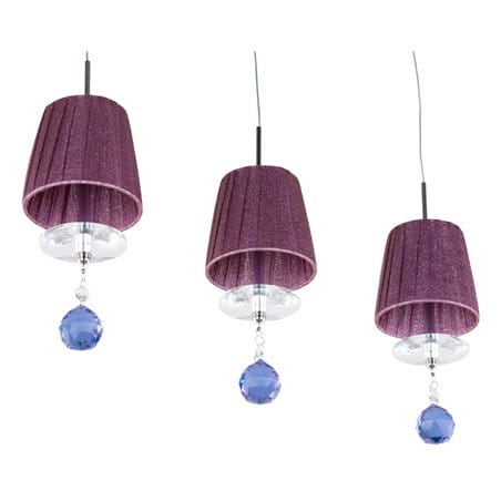 Lampa wisząca Fresh potrójna abażury fioletowe brokatowe ozdobione kryształkiem