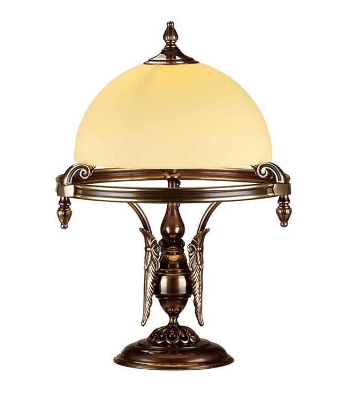 Wysoka lampa stołowa gabinetowa Cordoba I patyna mat klosz ecru zdobiona podstawa