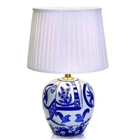 Lampa stołowa Goteborg stylowa z ceramiczną dekorowaną podstawą biały abażur tekstylny