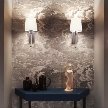 Kinkiet Delphi biały abażur korpus chrom z bezbarwnym szkłem do sypialni salonu jadalni na przedpokój