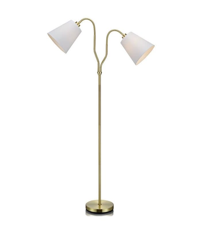 Lampa podłogowa 2 punktowa Modena mosiądz 2 białe abażury do salonu sypialni