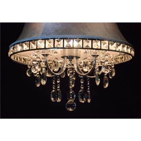 Lampa wisząca Andrea 5 żarówek kryształy chrom abażur szary z ozdobnym wykończeniem