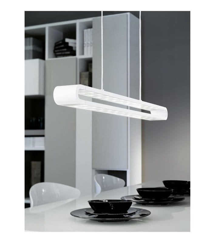 Biała podłużna lampa wisząca nad stół zmieniająca kolory Perillo LED