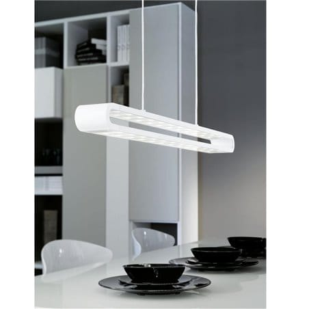 Biała podłużna lampa wisząca nad stół zmieniająca kolory Perillo LED