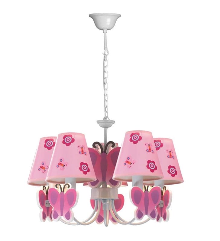 Motylek różowa lampa wisząca żyrandol do pokoju dziewczynki 5 punktowy - OD RĘKI