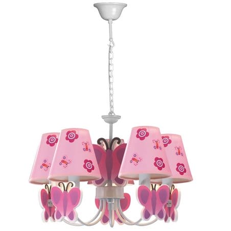 Motylek różowa lampa wisząca żyrandol do pokoju dziewczynki 5 punktowy - OD RĘKI