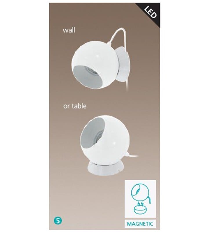 Mała metalowa lampa stołowa Petto1 biała kula klosz na magnes