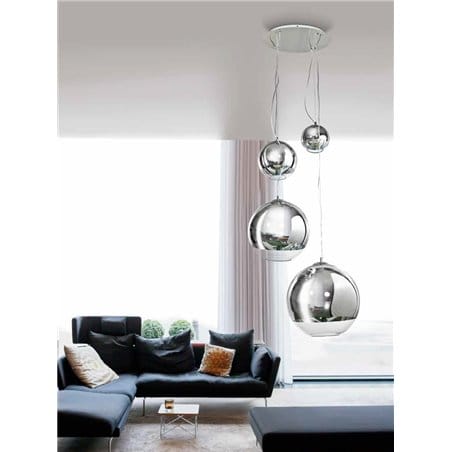 Lampa wisząca Silver Ball długa 4 szklane kule na okrągłej podsufitce do salonu sypialni jadalni kuchni nad schody