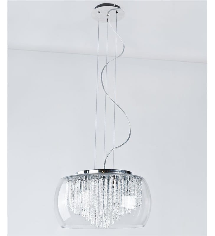 Lampa wisząca Rego szklany bezbarwny klosz wewnątrz metalowe pręciki w kolorze aluminium elegancka do salonu sypialni jadalni