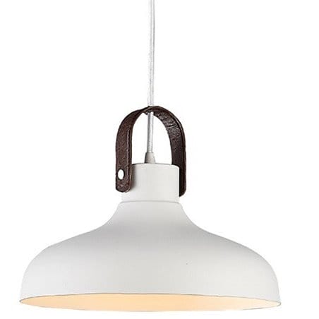 Biała metalowa lampa wisząca ze skórzanym brązowym elementem Tessio do kuchni jadalni nad stół salonu sypialni