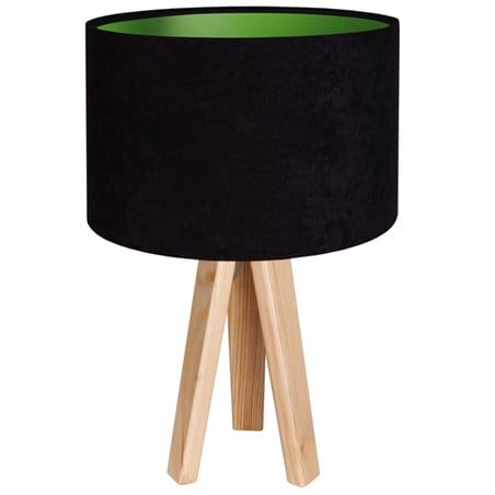 Lampa stołowa Gloria Zielona czarny welurowy abażur z zielonym środkiem na drewnianym trójnogu do sypialni salonu - OD RĘKI