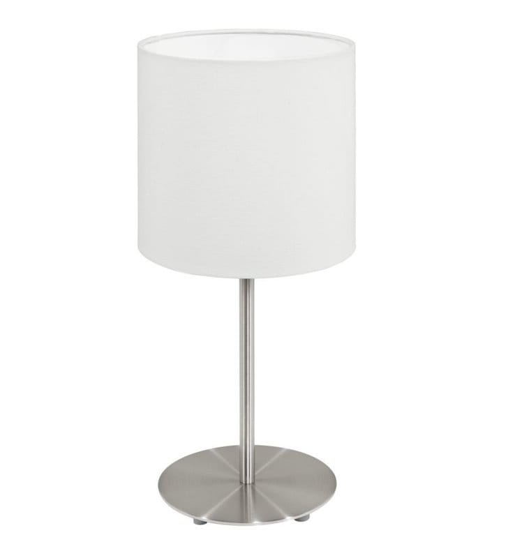 Materiałowa lampka stołowa nocna do sypialni Pasteri z białym abażurem