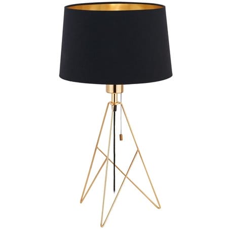 Stylowa nowoczesna lampa stołowa Camporale druciana podstawa w kolorze mosiądzu z czarno złotym abażurem włącznik sznureczkowy