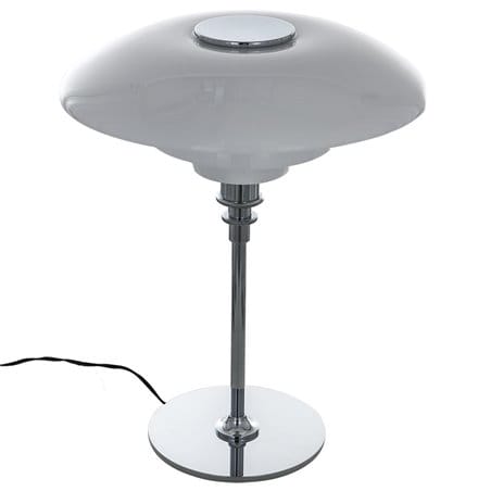Duża lampa stołowa Roger duży szklany biały klosz podstawa chrom
