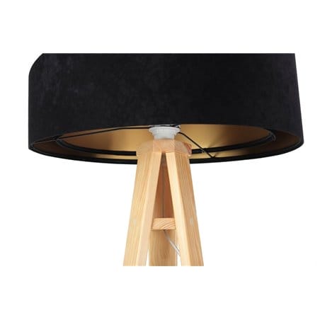 Lampa podłogowa Emi czarno złoty welurowy abażur drewniany trójnóg do sypialni jadalni salonu