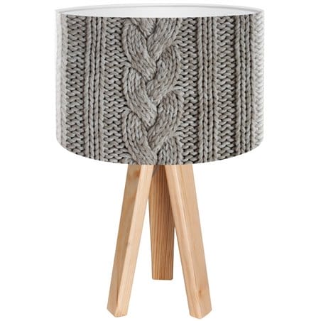 Lampa stołowa Szary Sweterek abażur szary z nadrukiem przypominającym wełniany sweter podstawa z drewna - OD RĘKI