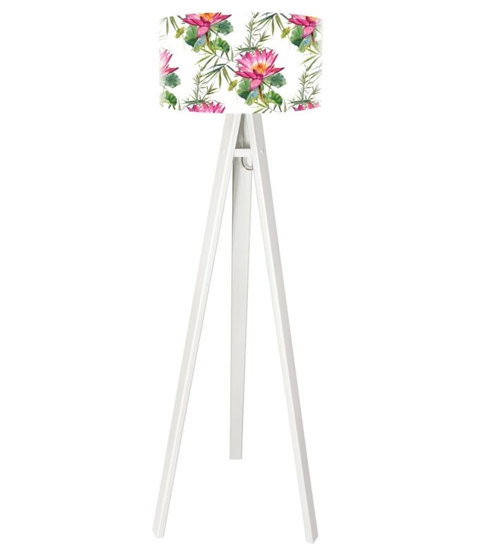 Biała lampa podłogowa Bunga Tropiku abażur w kwiaty
