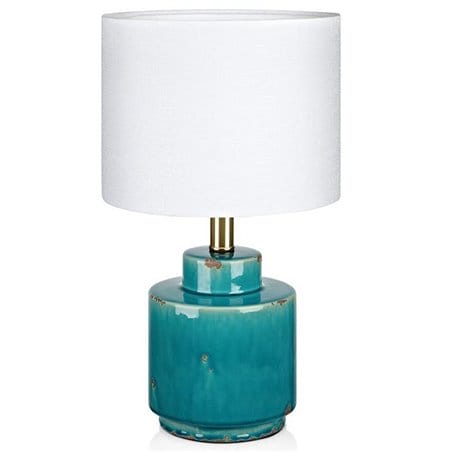 Lampa stołowa Cous niebieska postarzana podstawa z ceramiki biały tekstylny abażur styl vintage