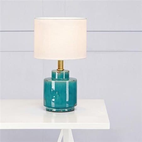 Lampa stołowa Cous niebieska postarzana podstawa z ceramiki biały tekstylny abażur styl vintage