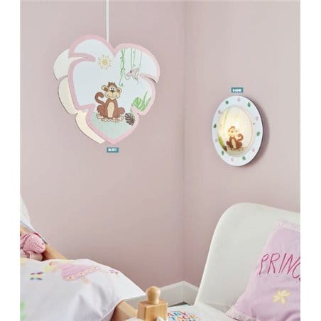 Lampa wisząca Louie z małpką z różowym wykończeniem do pokoju dziewczynki