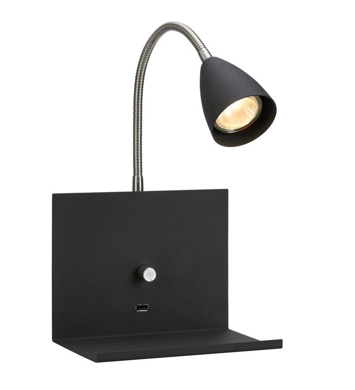 Logi czarny kinkiet wielofunkcyjny z giętkim ramieniem półka na telefon gniazdo USB ściemniacz do salonu sypialni na przedpokój