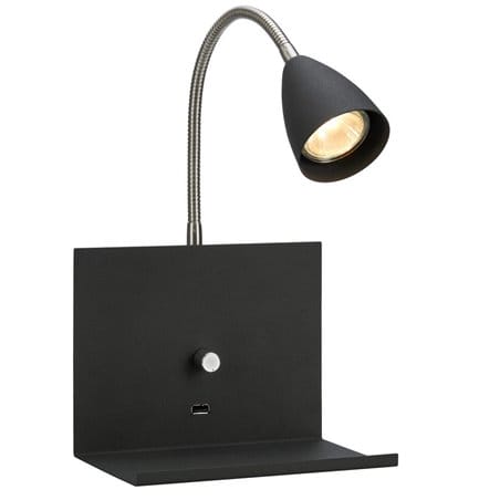 Logi czarny kinkiet wielofunkcyjny z giętkim ramieniem półka na telefon gniazdo USB ściemniacz do salonu sypialni na przedpokój