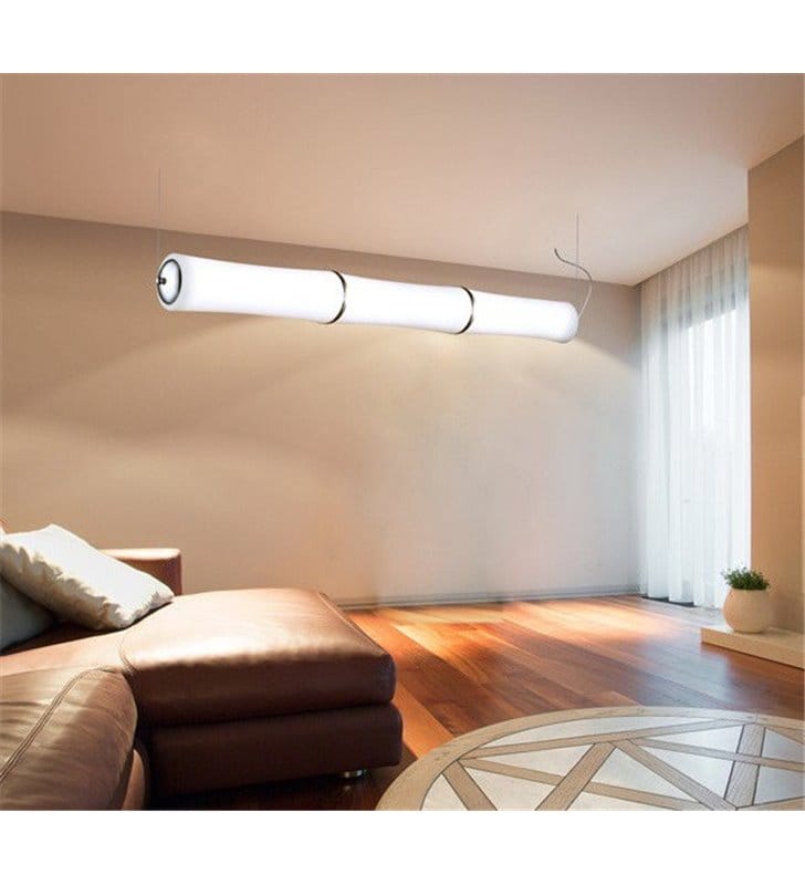 Podłużna nowoczesna lampa wisząca z pilotem Bamboo klosz 1,26m montaż pionowy lub poziomy nad stół lub z boku łóżka w sypialni