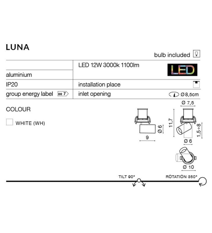 Lampa sufitowa do wbudowania downlight Luna biała wiele możliwości ustawienia klosza