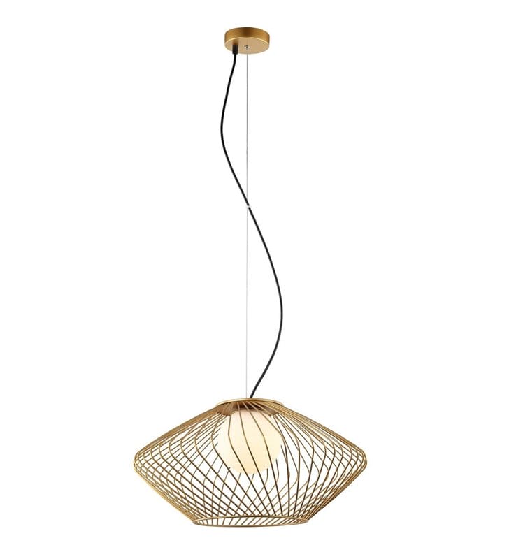 Lampa wisząca Zeno złota druciana ze szlanym kloszem zasłaniającym żarówkę do salonu jadalni sypialni kuchni