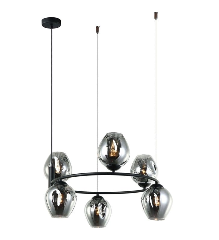 6 punktowa nowoczesna lampa wisząca Roxane czarna obręcz szklane klosze do salonu sypialni jadalni kuchni