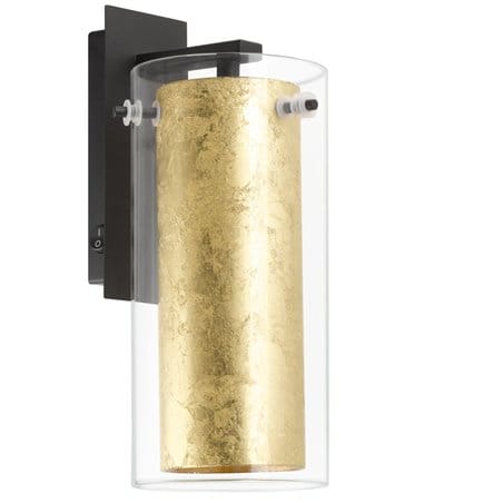 Kinkiet Pinto Gold czarny korpus klosz wewnątrz złoty zewnętrzny bezbarwny szklany włącznik na lampie