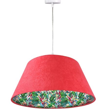 Lampa wisząca Tropikalna Moranda czerwona abażur welur stożek 50cm motyw roślinny wewnątrz abażura