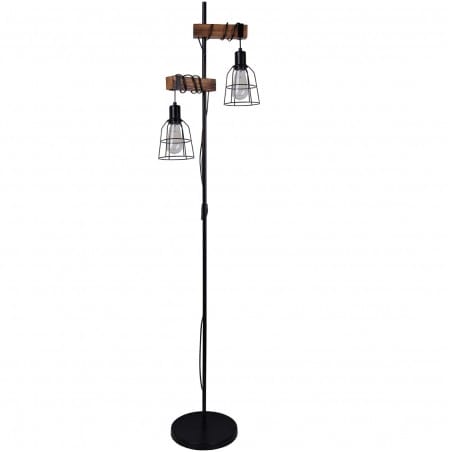 Lampa podłogowa Ponte w stylu retro vintage czarna z elementami drewnianymi 2 druciane klosze