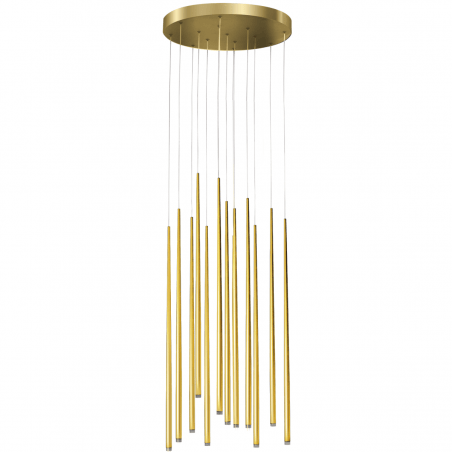 Lampa wisząca Louise złota 12 zwisowa okrągła podsufitka wąskie wysokie klosze np. nad stół na klatkę schodową