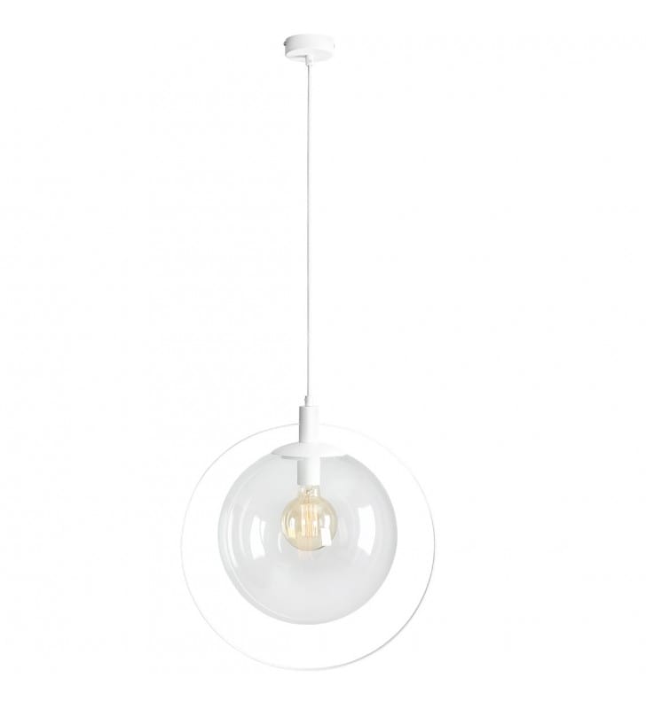 Lampa wisząca Aura biała z okrągłym bezbarwnym kloszem do kuchni salonu jadalni sypialni