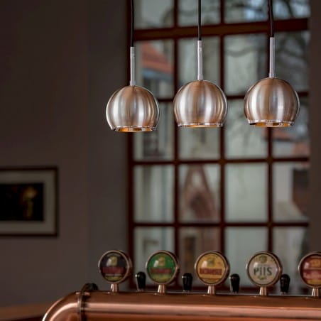 Lampa wisząca Ball Wood potrójna drewno dębowe metalowe okrągłe klosze w kolorze satyny