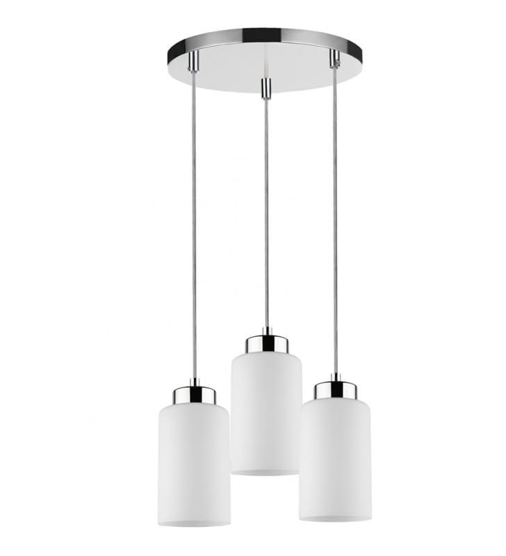 Okrągła potrójna lampa wisząca Bosco chrom białe szklane klosze do salonu sypialni jadalni kuchni