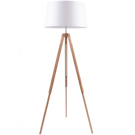 Lampa podłogowa z regulowaną wysokością na drewnianym dębowym trójnogu Tripod biały okrągły abażur do salonu sypialni jadalni