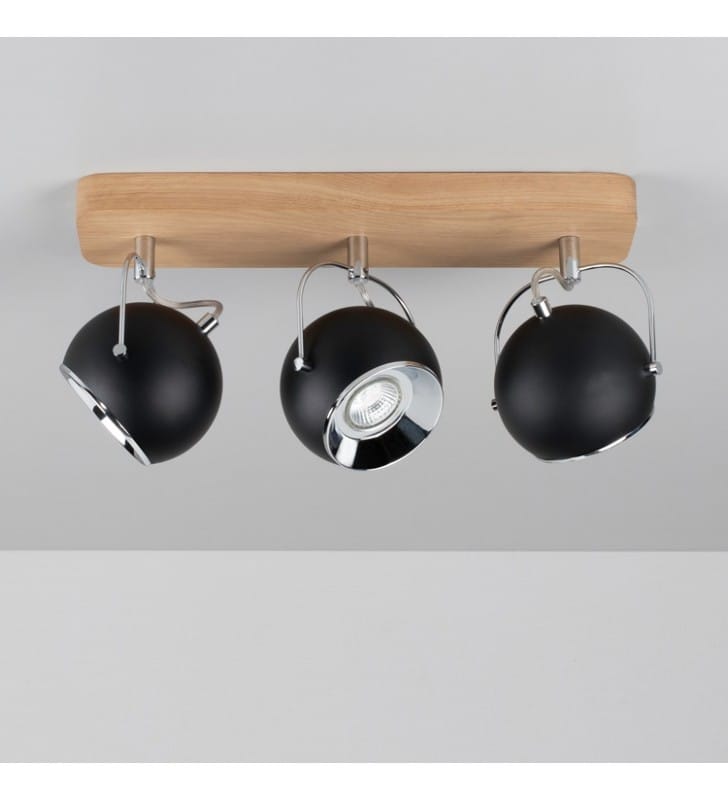 Lampa sufitowa Ball Wood potrójna klosze czarne kule podsufitka drewniana dębowa