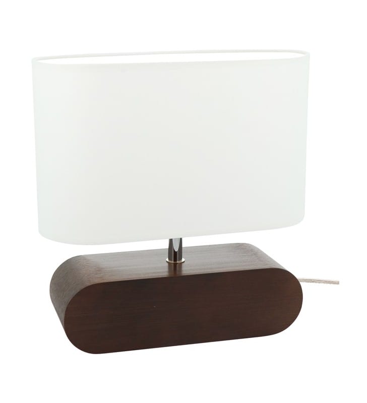 Lampa stołowa z ciemną drewnianą podstawą Marinna biały owalny abażur do salonu sypialni na komodę