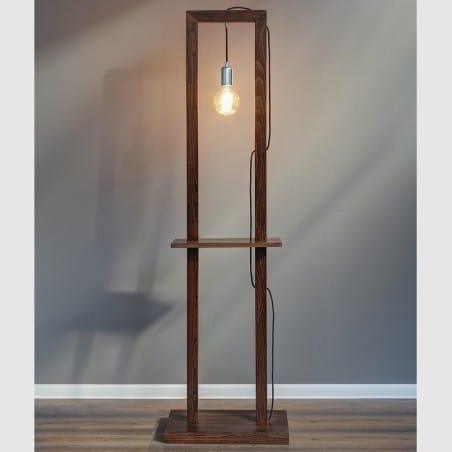 Lampa podłogowa Monopod funkcjonalna styl eko z drewna w kolorze orzecha półka