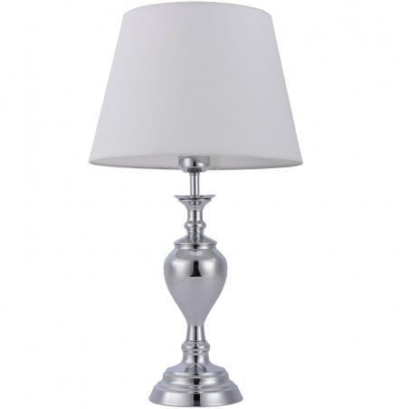 Lampa stołowa lub na komodę Etien podstawa zdobiona chrom biały abażur z tkaniny wysokość 52cm