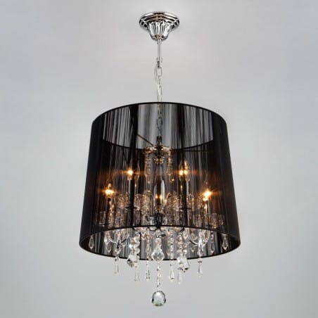 Lampa zwis żyrandol Izabel 5 żarówek czarny abażur wykończenie w kolorze chrom kryształki do jadalni nad stół do salonu sypialni