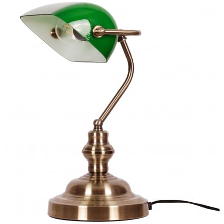 Lampa gabinetowa Bank patynowa bankierka z zielonym kloszem 34cm wysokości