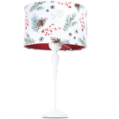 Lampa stołowa Christmas1 abażur welurowy z motywem świątecznym z czerwonym wnętrzem biała podstawa