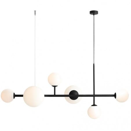 Lampa wisząca z 6 okrągłymi kloszami Dione czarna pozioma np. nad duży prostokątny stół do kuchni jadalni salonu