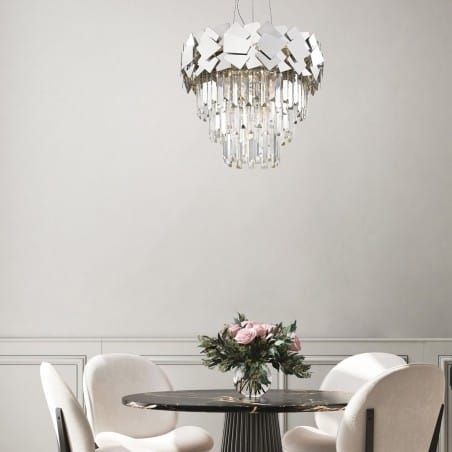 Lampa wisząca Quasar srebrna z podłużnymi kryształami np. nad okrągły stół do jadalni salonu