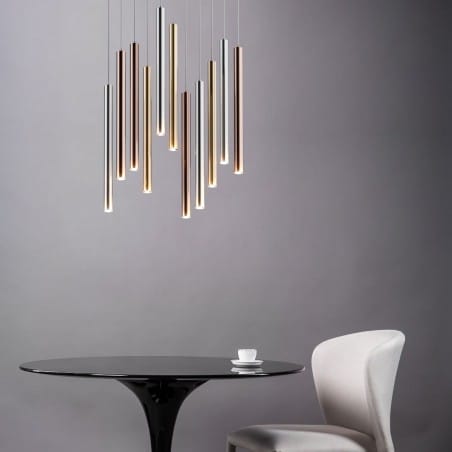 Lampa wisząca Loya nowoczesna prostokątna podsufitka 11 zwisów klosze wąskie metalowe rurki do salonu sypialni jadalni