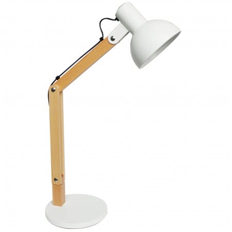 Lampa biurkowa Bertil biała z drewnianym ramieniem włącznik na kablu styl eko